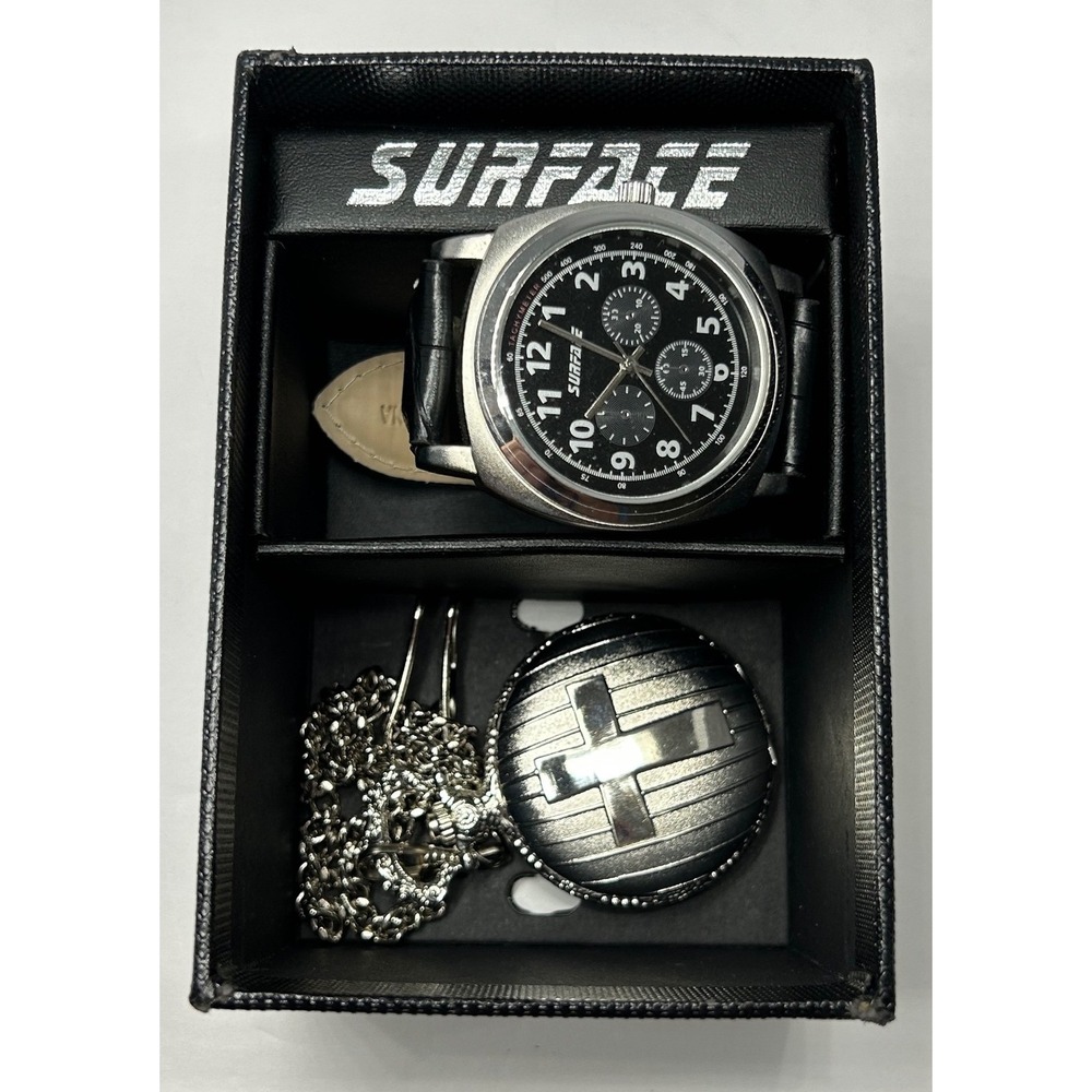 Surface Men's Watch & Pocket Watch Set‎ Black Leather Band Tachymeter Cross New